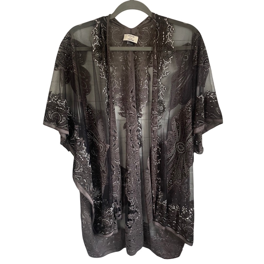 David and Young Sheer Paisley Kimono Wrap Charcoal Grey Metallic‎ One Size OS